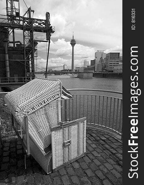 Beach bench (Strandkorb) in central Dusseldorf, Germany in Black & White, Media Hafen