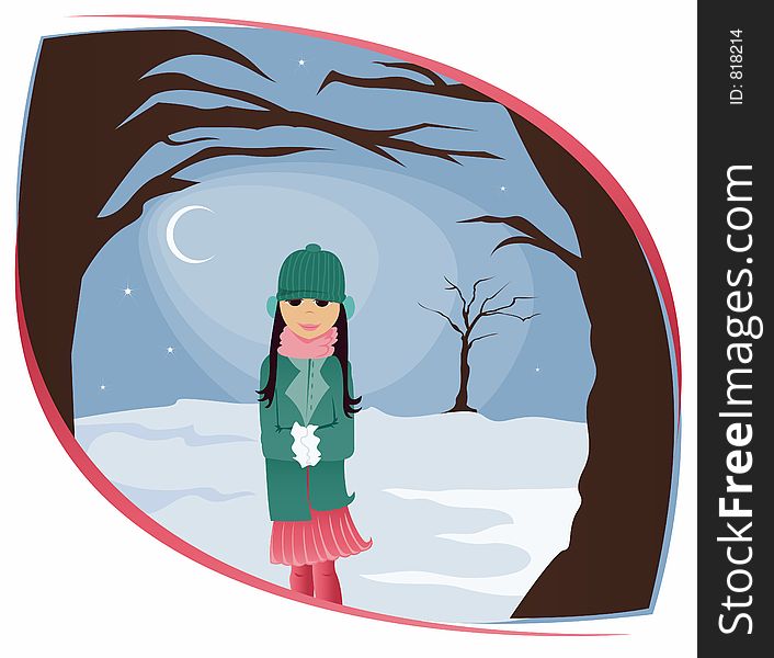 Girl bundled up and standing out in the snow, treese and night sky in the background. Girl bundled up and standing out in the snow, treese and night sky in the background