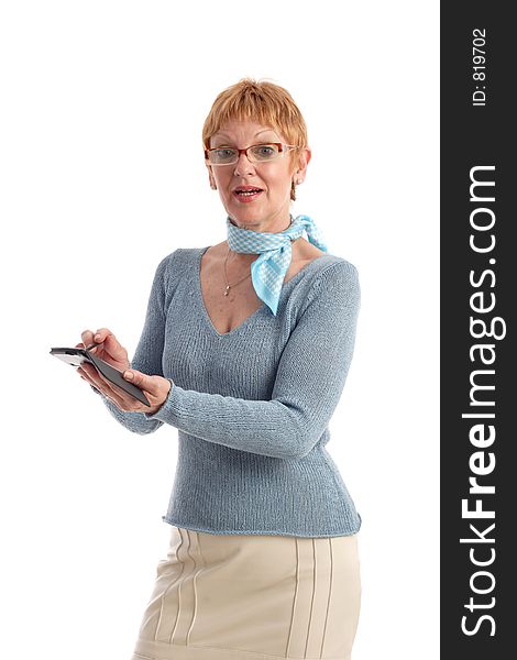 Attractive mature woman using handheld