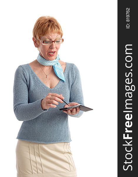 Attractive mature woman using handheld