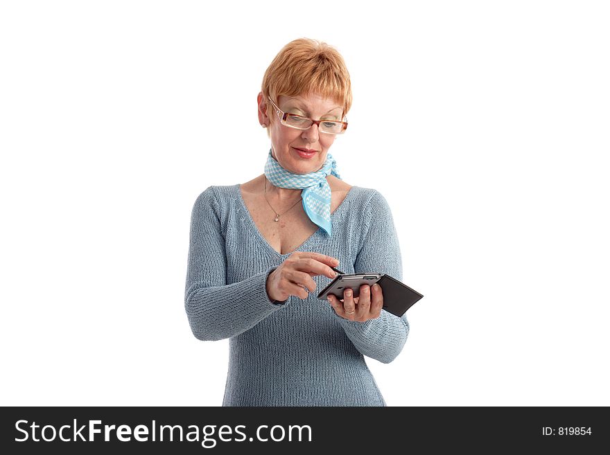 Attractive mature woman using handheld