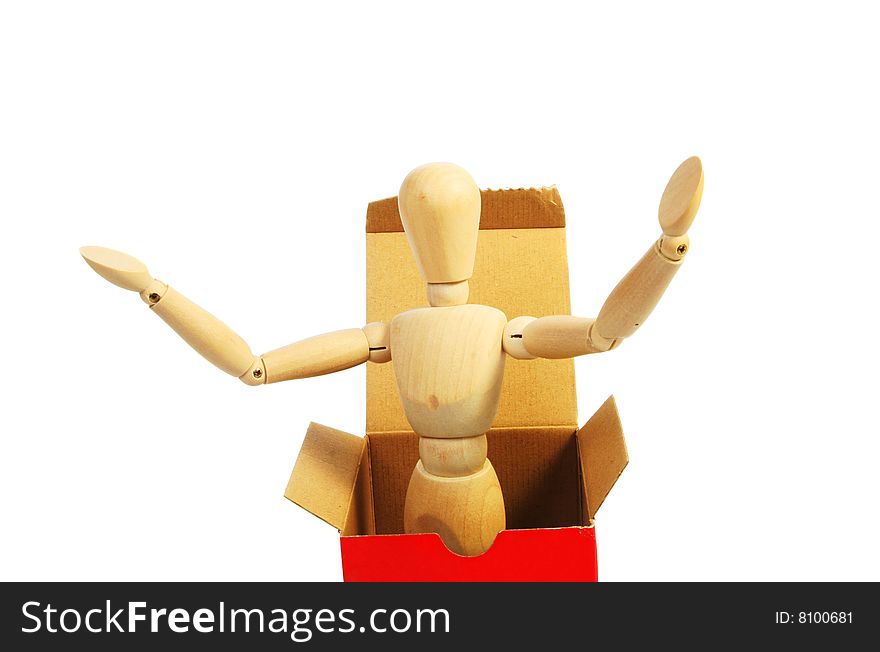 Artists mannequin emerges from a box arms outstretched. Artists mannequin emerges from a box arms outstretched