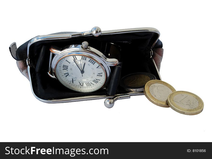 Watch and coins in a purse. Watch and coins in a purse