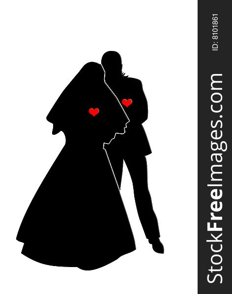 Black shape of loving couple with red hearts. Man and woman who are engaged to be married.