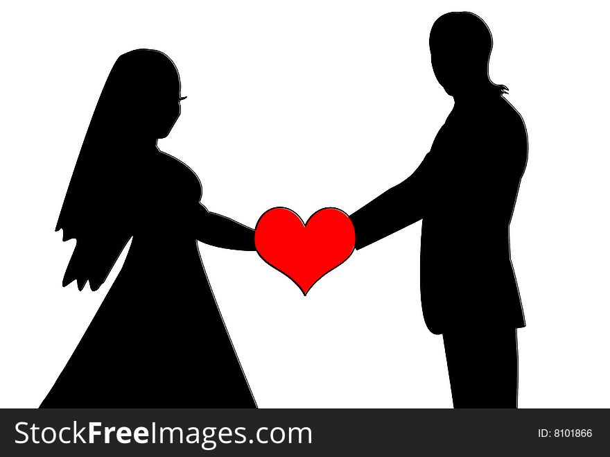 Black shape of loving couple with red hearts. Man and woman holding by the hands. Black shape of loving couple with red hearts. Man and woman holding by the hands.