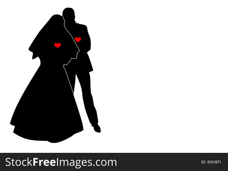 Black shape of loving couple with red hearts. Man and woman who are engaged to be married.