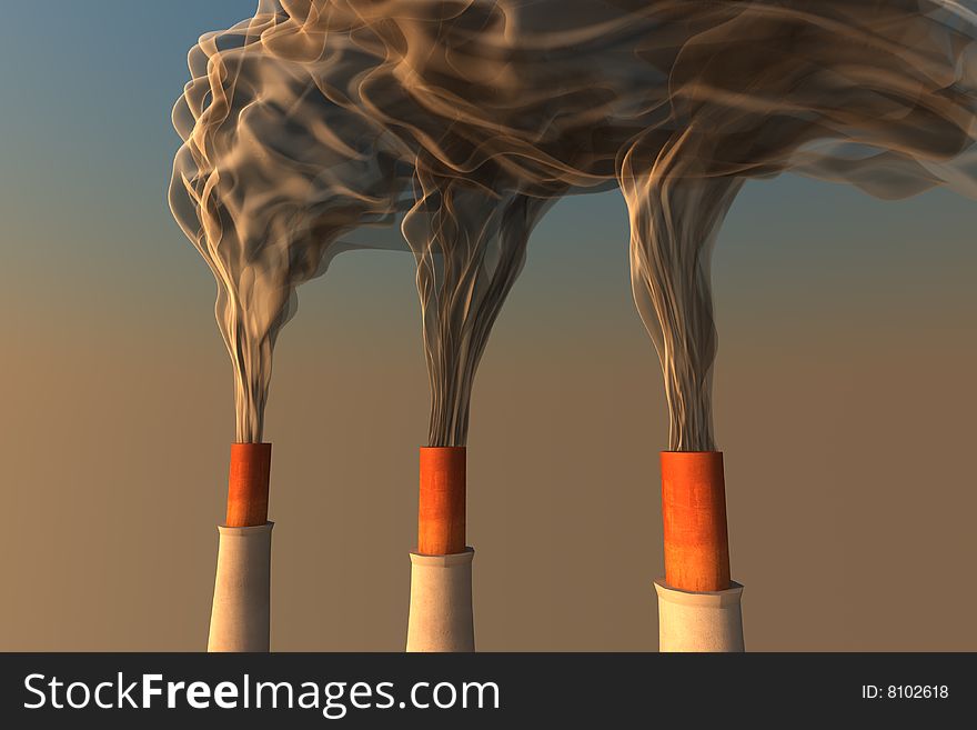 3 smoking chimneys on a heavily poluted evening