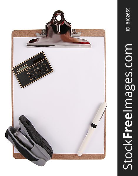 Clipboard with calculator, pen and stapler isolated