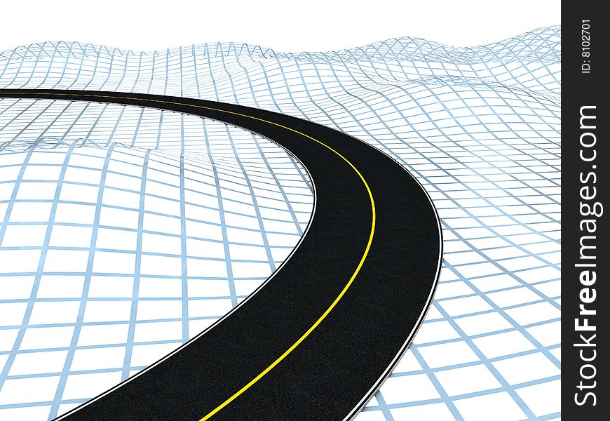 3d illustration of road over blue wireframe hills