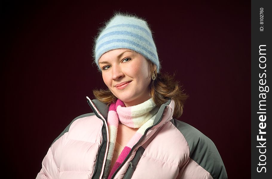 Pretty Redhead Woman Wearing Pink Winter Ski Coat