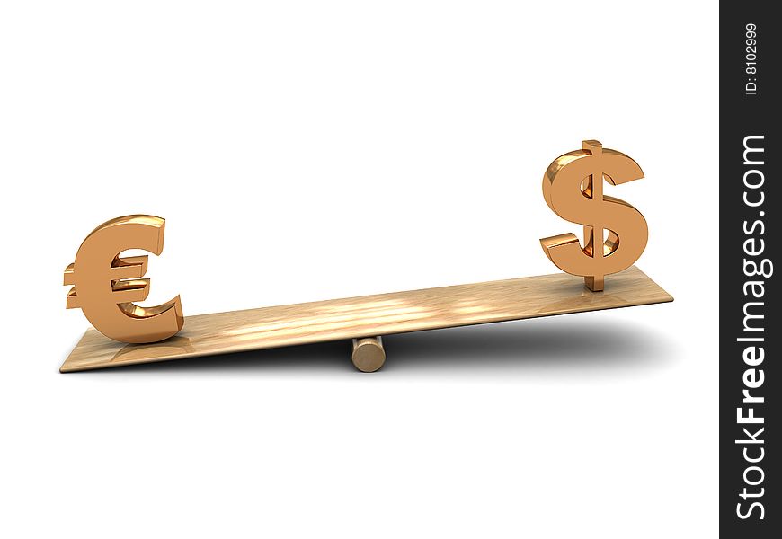 Abstract 3d illustration of euro and dollar over board scale