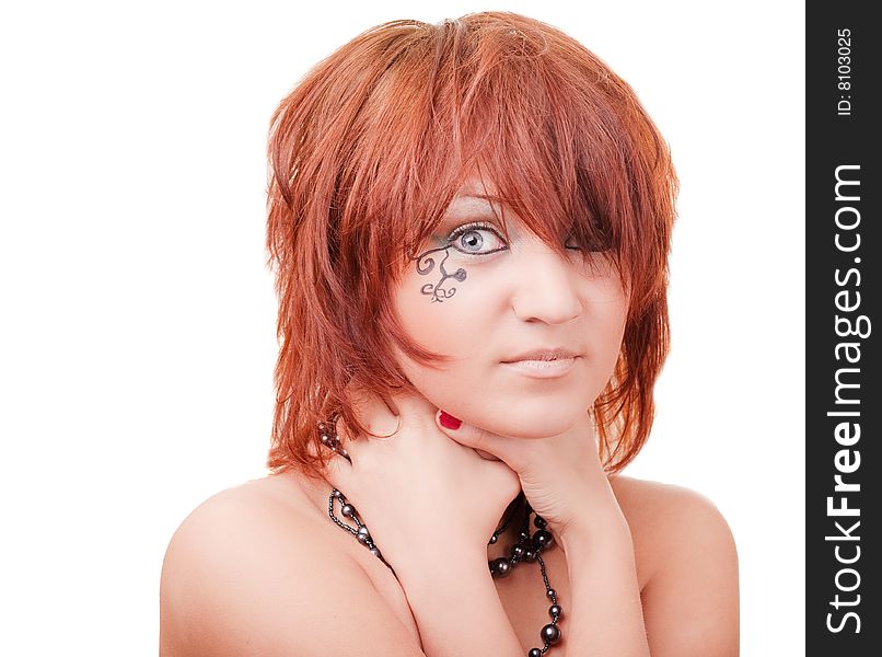 Young pretty girl with hands on her neck on white background