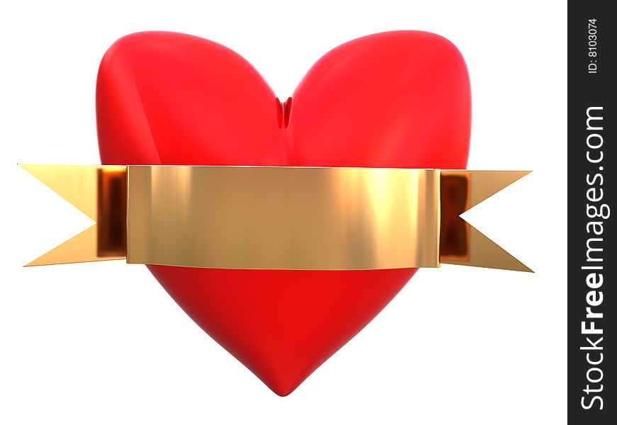 Abstract 3d illustration of red heart and golden plate for text