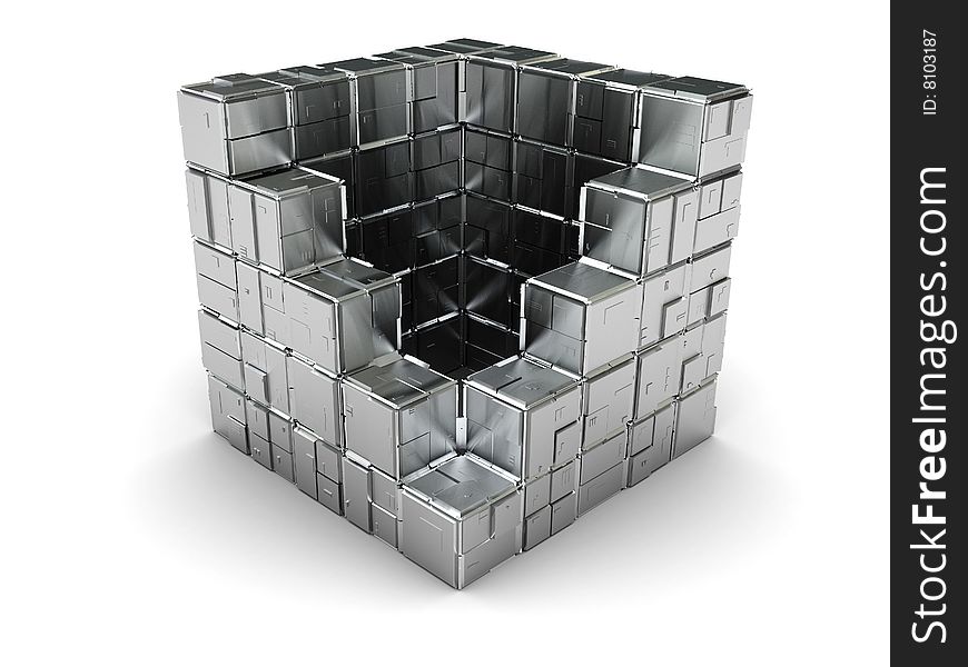 Abstract 3d illustration of box built from steel blocks. Abstract 3d illustration of box built from steel blocks