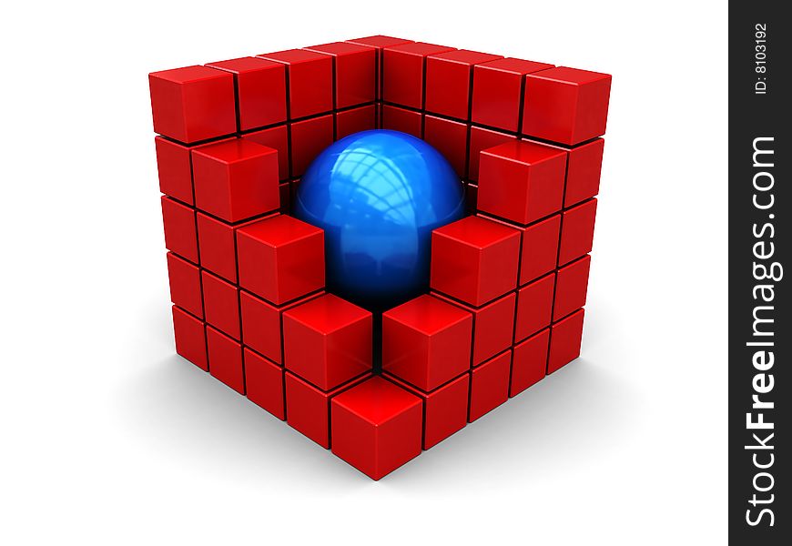 3d illustration of blue ball in center of red box. 3d illustration of blue ball in center of red box