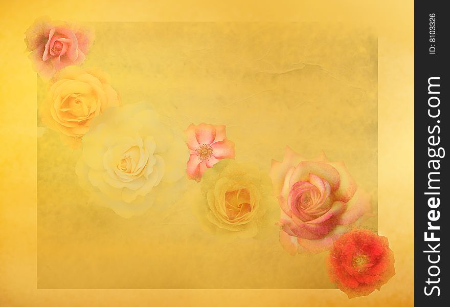 Old fashioned roses on grunge colorful yellow background