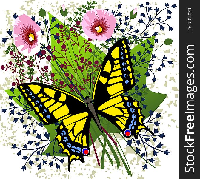 Springtime feeling colorful illustration with flowers and butterflies. File included 300 dpi jpg. Springtime feeling colorful illustration with flowers and butterflies. File included 300 dpi jpg.