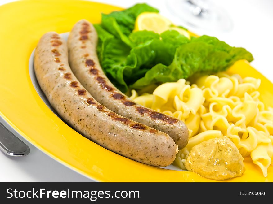 Grilled Sausage With Noodles,lettuce And Potato.