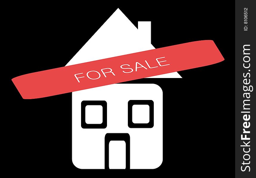 Graphic sign of a house for sale in black and white.