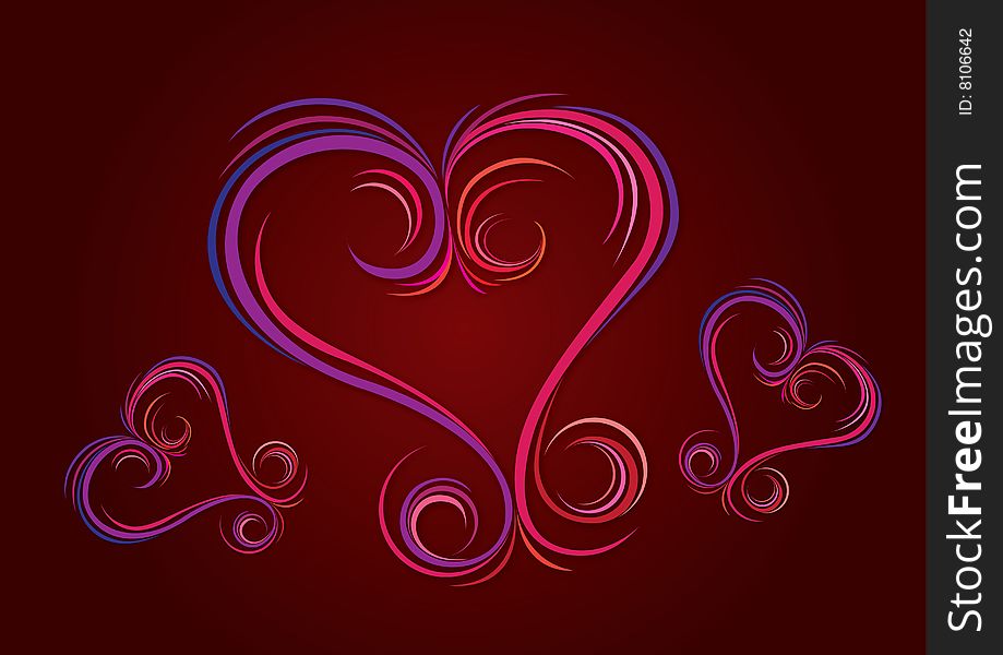 The love shape is combine with many different color lines on the dark red background. The love shape is combine with many different color lines on the dark red background.