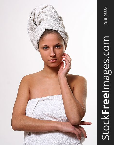 Beautyful girl with towel white. Beautyful girl with towel white