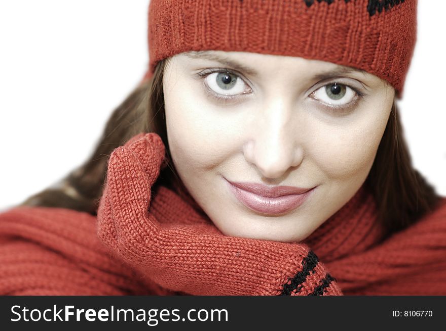 Face of pretty woman wear hat, scarf, glove on white. Face of pretty woman wear hat, scarf, glove on white