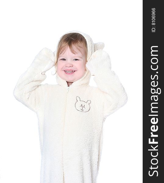 Funny little girl dressed in bear costume