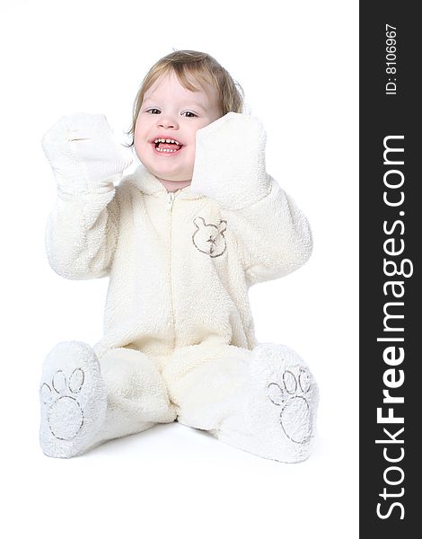 Funny little girl dressed in bear costume