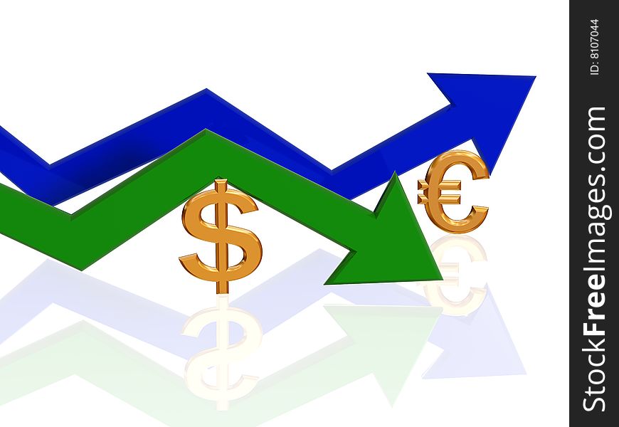 3d golden dollar and euro signs with green and blue arrows. 3d golden dollar and euro signs with green and blue arrows