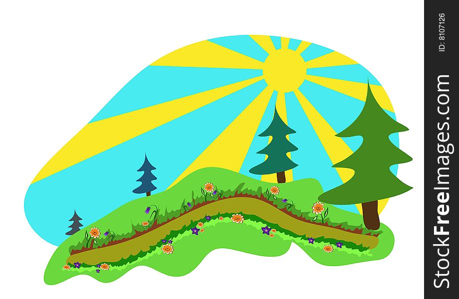 Cartoon background, the path in the forest in the sunny spring day. Cartoon background, the path in the forest in the sunny spring day