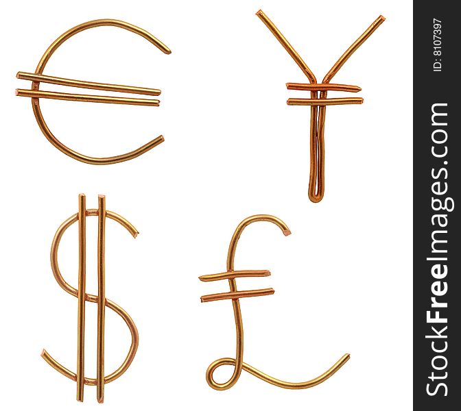 World currency signs made from wire isolated on white