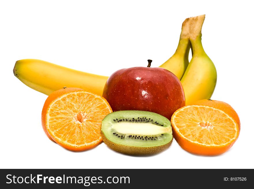 Kiwi, mandarines, apple and banana on a white background. Kiwi, mandarines, apple and banana on a white background