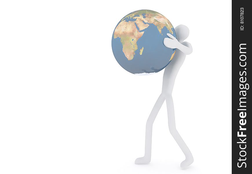 High resolution raytraced 3D render of Earth globe being lifted by a man. High resolution raytraced 3D render of Earth globe being lifted by a man.