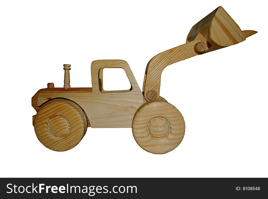 Insulated wooden toy tractor on a white background. Insulated wooden toy tractor on a white background