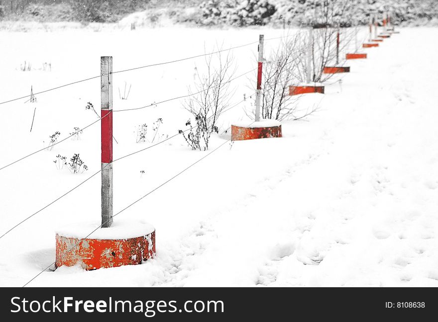 Blizzard white-out revealing only orange fencing posts. Blizzard white-out revealing only orange fencing posts