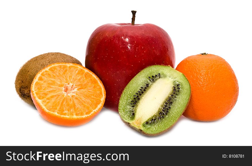 Kiwi, mandarines and apple on a white background