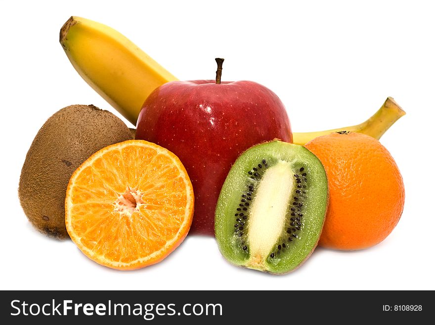 Kiwi, mandarines, apple and banana on a white background