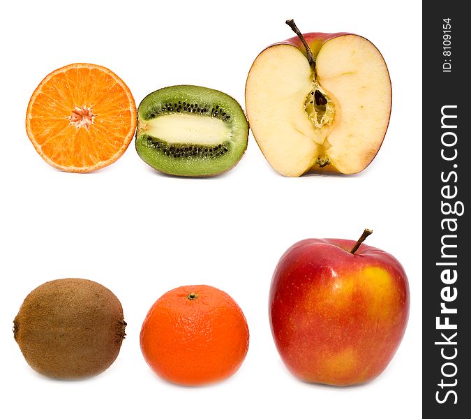 Kiwi, mandarines and apple on a white background. Kiwi, mandarines and apple on a white background