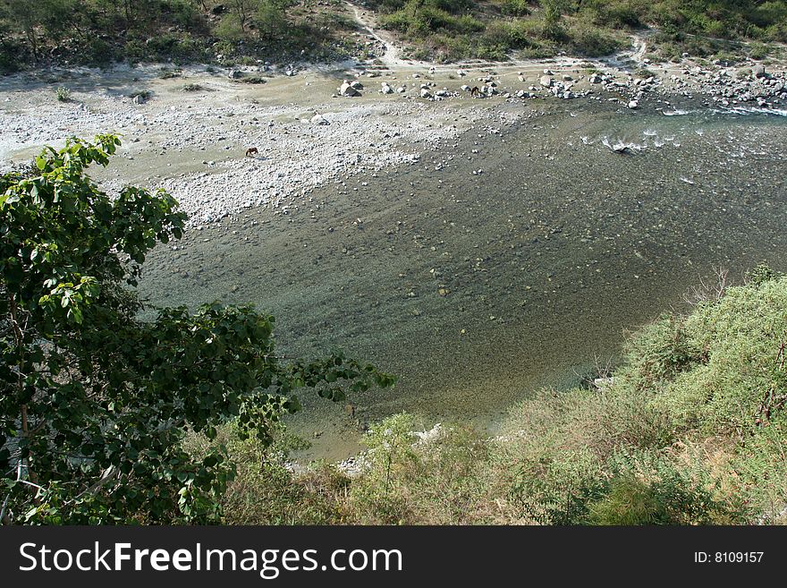 View of river with crystal clear flowing water. View of river with crystal clear flowing water