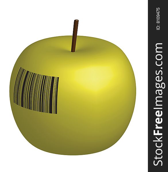 An green apple figure with bar-code on the side with 3d effect. An green apple figure with bar-code on the side with 3d effect.