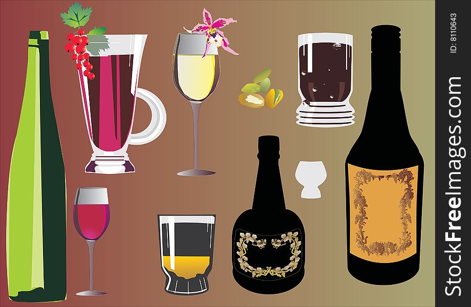 Illustration with different glass and bottles collection. Illustration with different glass and bottles collection