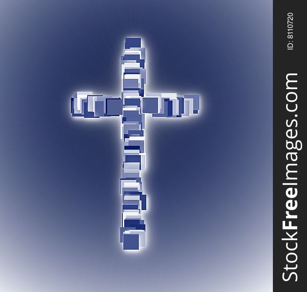 Glowing mosaic style cross on dark blue background. Glowing mosaic style cross on dark blue background