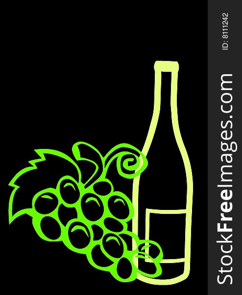 Outline of a wine bottle with grapes isolated on a black background. Outline of a wine bottle with grapes isolated on a black background.