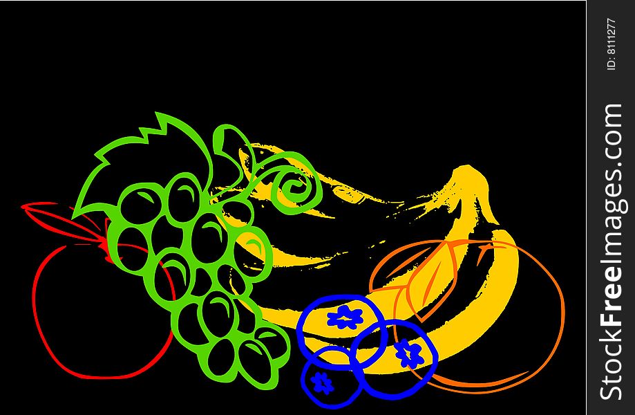 Colorful fruit illustration on a black background.