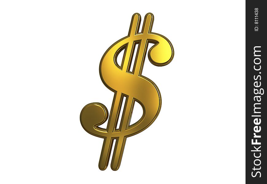 Golden dollar sign isolated on white, 3d render