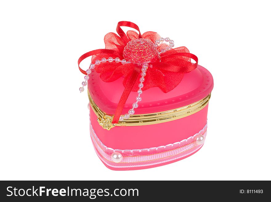 Heart-shaped casket decorated by pearls isolated on white