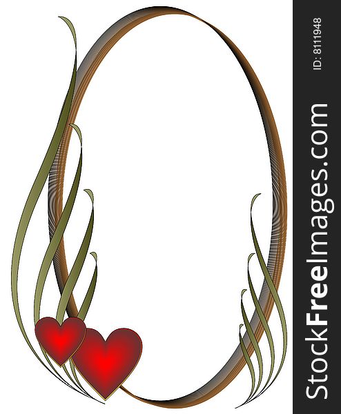 Abstract oval frame with two red hearts on white.