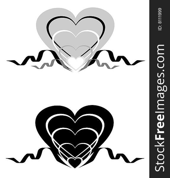 Black-and-white abstract hearts with an ornament.