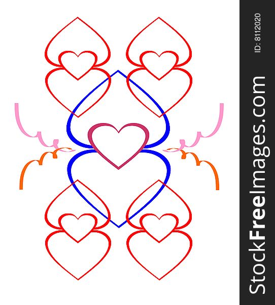 Multi-coloured abstract hearts with an ornament. Multi-coloured abstract hearts with an ornament.