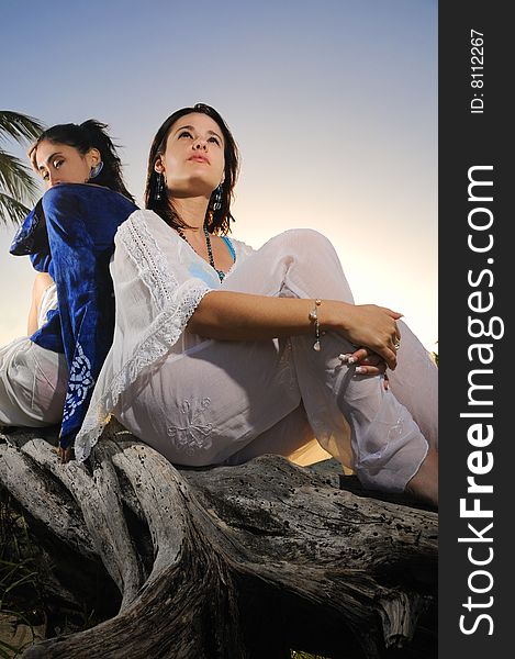 Portrait of two young female friends relaxing outdoors at sunset. Portrait of two young female friends relaxing outdoors at sunset